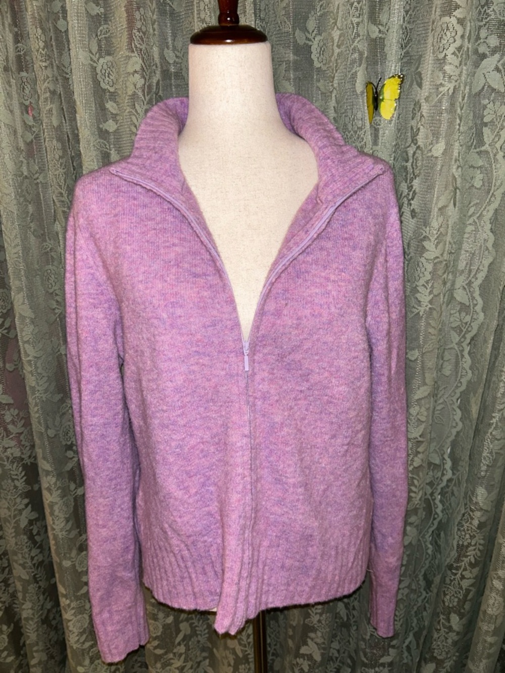 Halogen Women's Zip-Front Lavender Wool Blend Knit Sweater Jacket